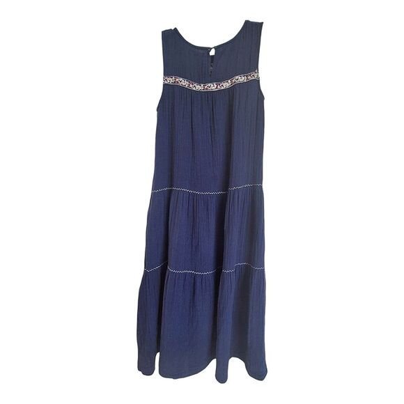 Max Studio Embroidered Sleeveless Dress Pockets Tiered Cotton Gauze XS Navy Blue - Picture 4 of 16